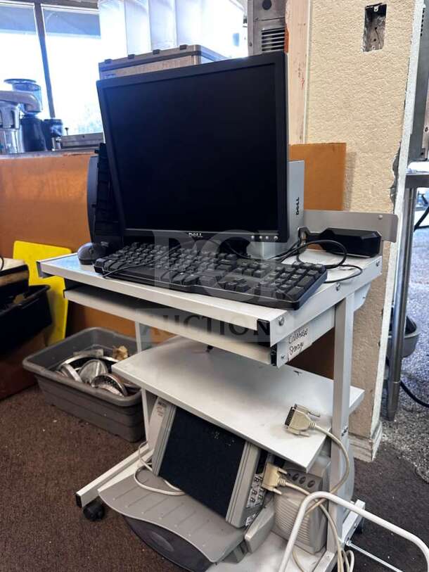 Dell Multi-Component Workstation System with monitor, speakers, printer, audio interface on wheeled cart. Fully tested.
