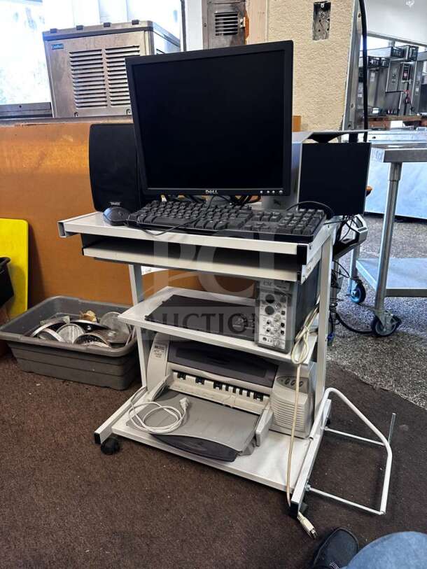 Dell multi-component workstation with monitor, speakers, printer, audio interface on a white cart. Fully tested and operational.