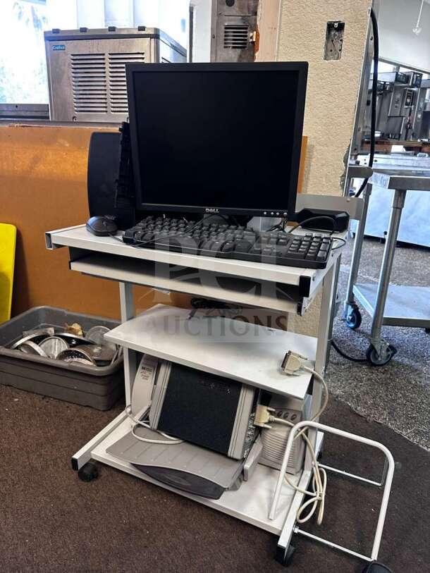Dell multi-component workstation with monitor, speakers, printer, and audio interface on a rolling cart; tested, operational.