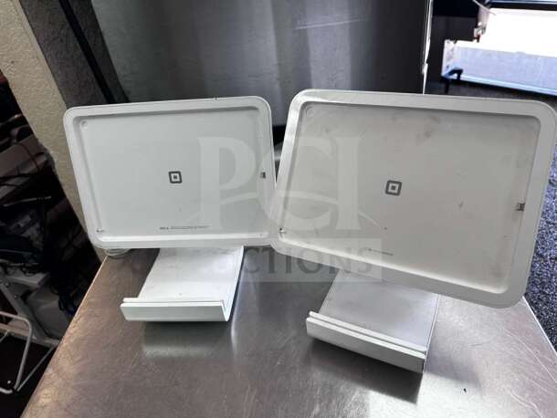 Square Stand S089 POS System Lot, dual tablet stands with cables, prime condition, fully tested; white finish.