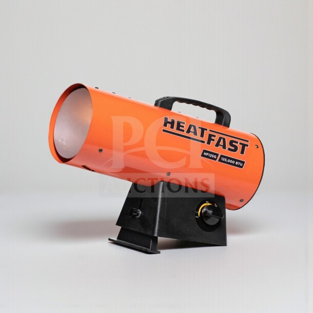 Brand new HeatFast HF125G forced air propane heater, 125,000 BTU, portable, orange, factory sealed, ready for use.