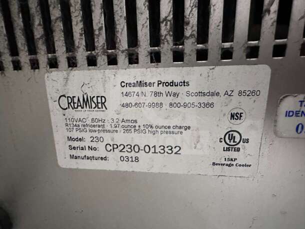 Label of CreaMiser 230 Cold Brew Dispenser, showing model, serial number CP230-01332, and manufacturing info.