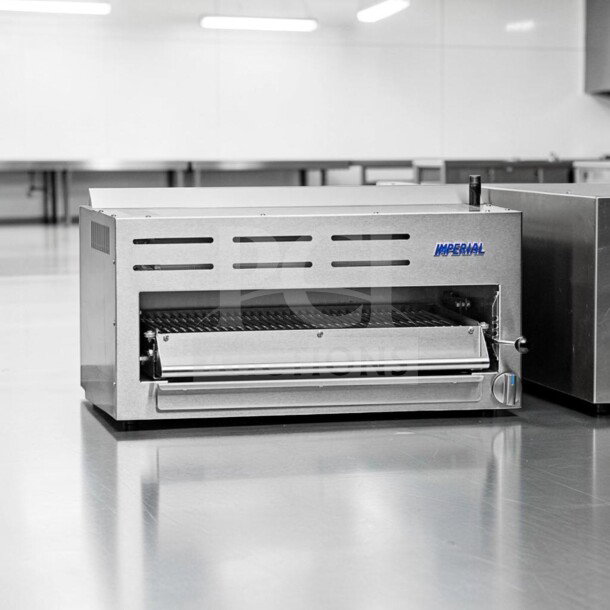 Imperial IRSB-36NG Salamander Broiler, 36" infrared, natural gas, heavy-duty, excellent condition, fully tested, model number visible.