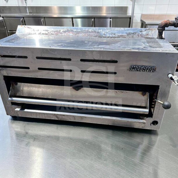 Imperial IRSB-36NG commercial salamander broiler, 36" infrared natural gas, heavy-duty, elite condition, fully operational.