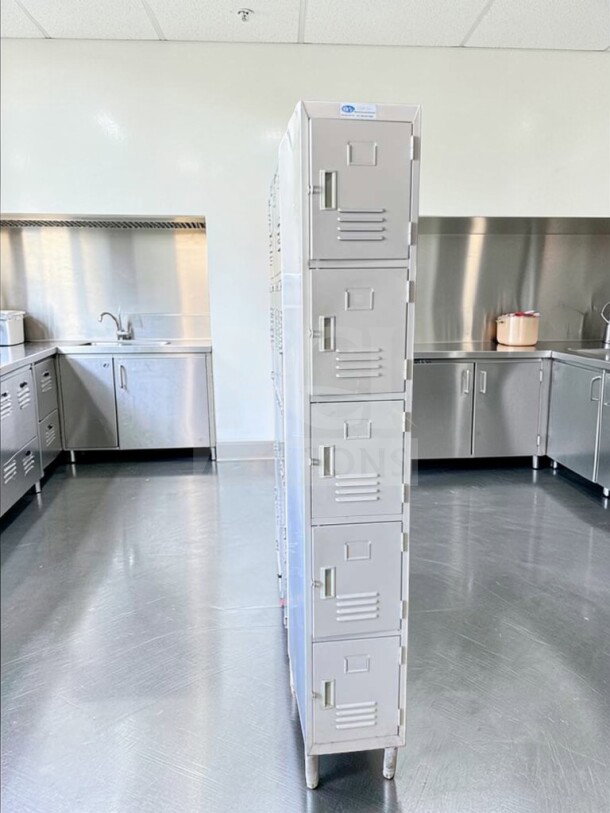 GSW ELS-5DR 5-Tier Locker, steel, well-maintained, inspected, ready for use, in a commercial kitchen setting.