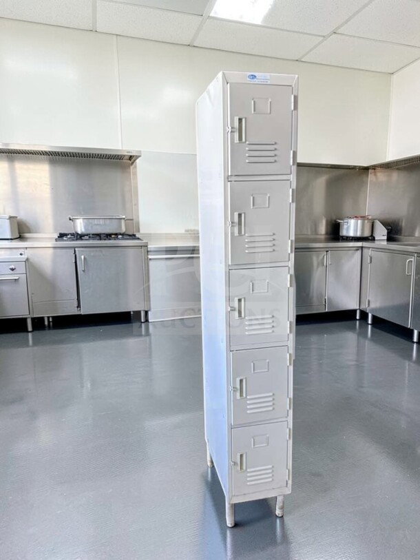GSW ELS-5DR commercial 5-tier steel locker, well-maintained, inspected, GSW Inc. USA, model 5-Tier Locker Cabinet, in a kitchen setting.