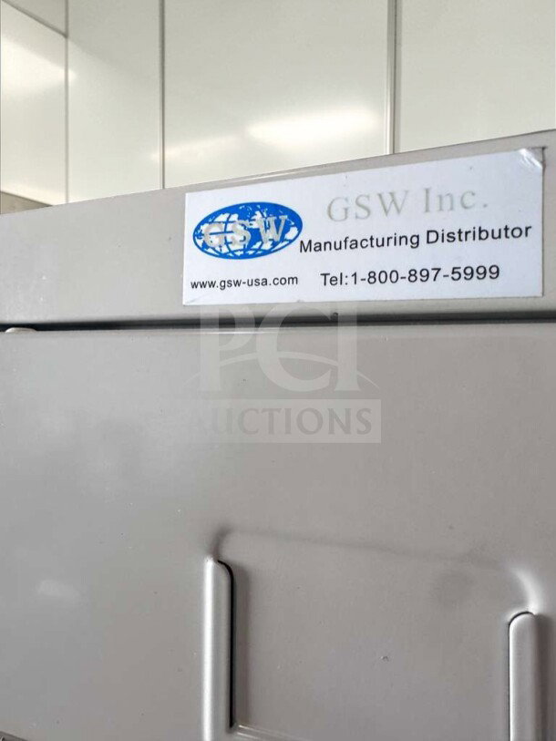 Well-maintained GSW ELS-5DR commercial 5-tier locker, steel, fully inspected. GSW Inc. label with contact info visible.