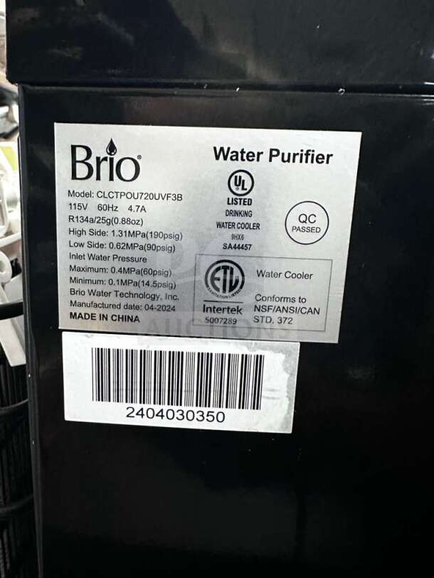 Brio Moderna CLCTPOU720UVF3B water cooler label detailing model, 115V, certifications, and manufacturing data. Black stainless finish.