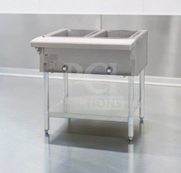 Elite Condition Commercial Stainless Steel Dual Well Electric Hot Food Table, fully operational, 115V, Bain Marie model.