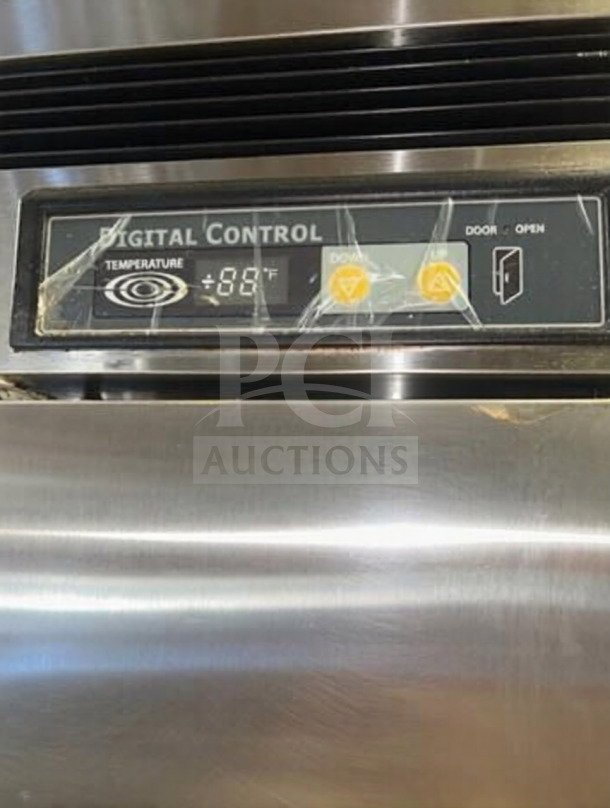 Blue Air BSR23-HC commercial refrigerator, stainless steel, digital control panel showing 8°F, fully operational condition.