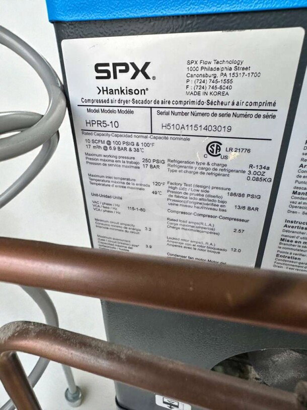 SPX Hankison HPR5-10 air dryer label showing specifications and serial number H510A1151403019, made in Korea.