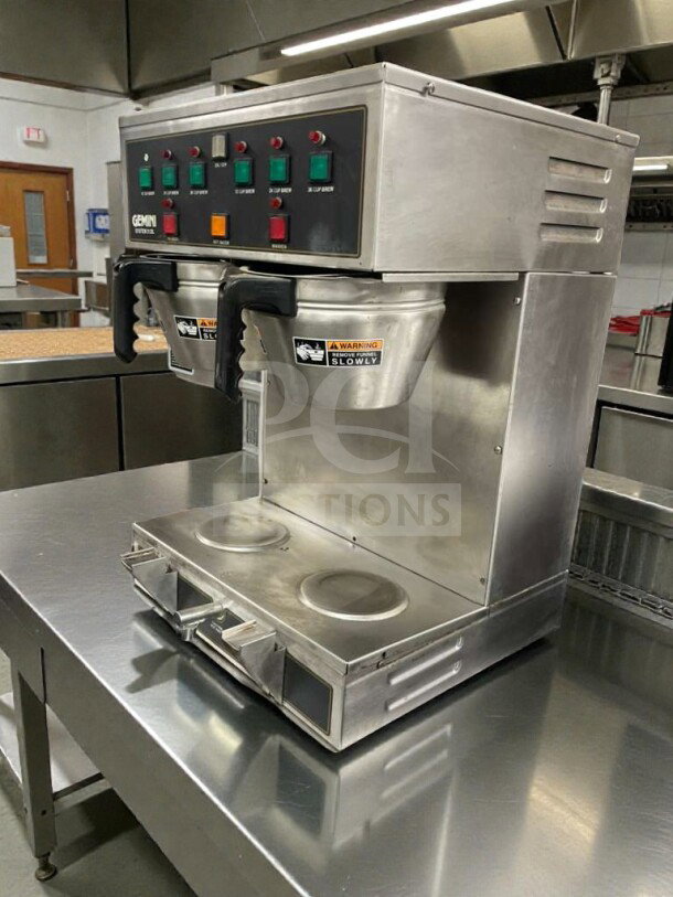 Wilbur Curtis GEM312IL commercial coffee brewer in high-grade condition, 120V, tested and working, with control panel and dual dispensers.