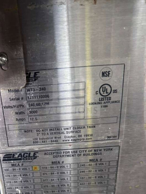 Eagle Group WT3-240 stainless steel steam table, UL & NSF listed, 72" length, model and serial labels visible, fully tested.