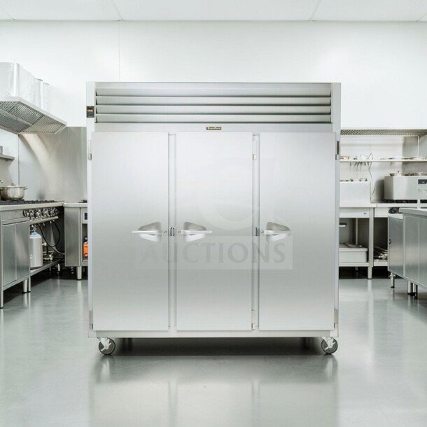 Traulsen G31310 reach-in freezer, 77" three-section solid doors, stainless steel, excellent condition, tested operational.