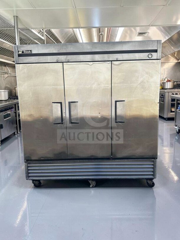 True T-72F 3-door commercial reach-in freezer, 78" stainless steel, immaculate condition, fully tested, operational.