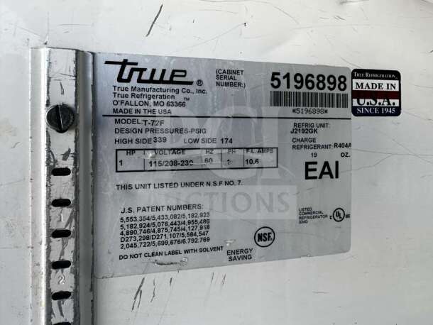 Label of True T-72F commercial freezer with serial number 5196898, indicating model details and refrigerant info, made in USA.