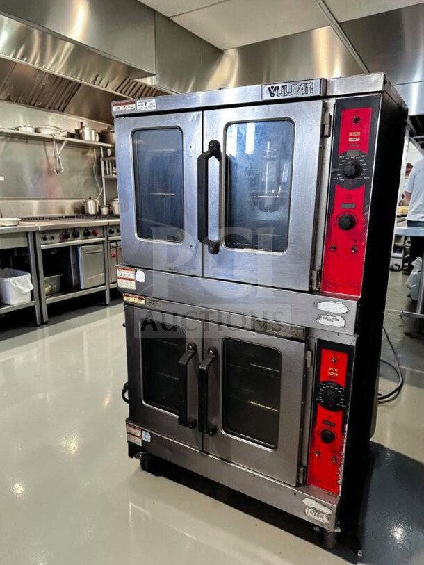 Vulcan VC55GD double stack natural gas convection oven, heavy-duty, excellent condition, with casters, fully tested.