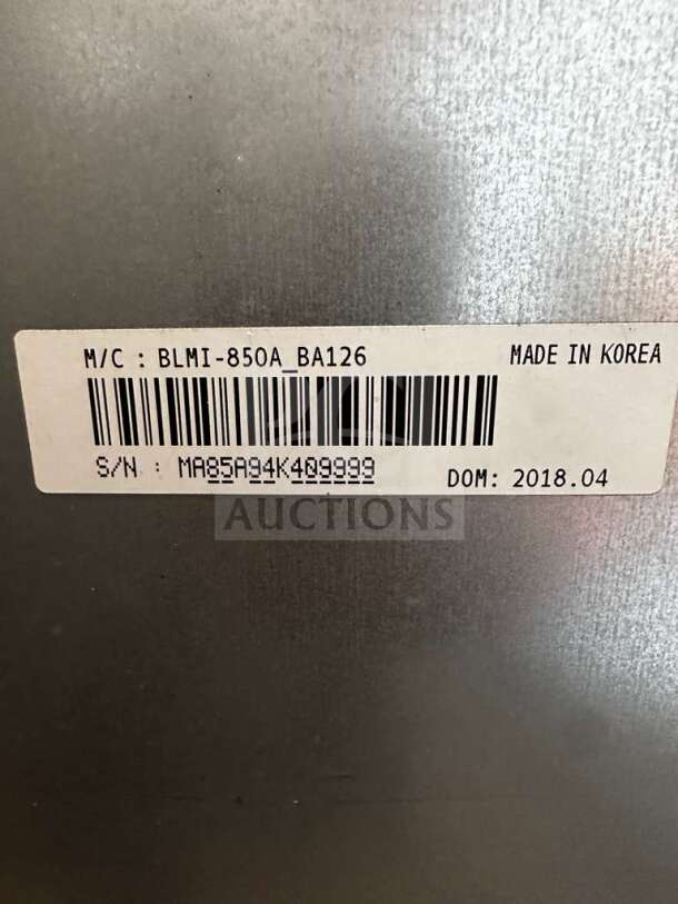 Label on Blue Air BLMI-850A ice machine shows model and serial numbers, made in Korea, 2018 manufacture date.