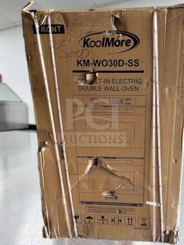 Damaged box containing KoolMore KM-WO30D-SS 30” built-in electric double wall oven. Brand new, stainless steel, USA brand.