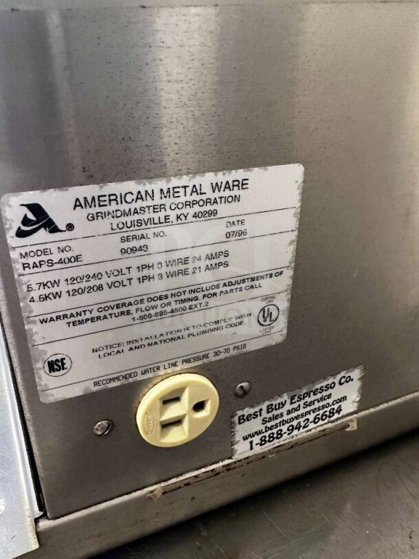 American Metal Ware RAPS-400E coffee brewer label showing model, serial, voltage, amps, and UL listing.