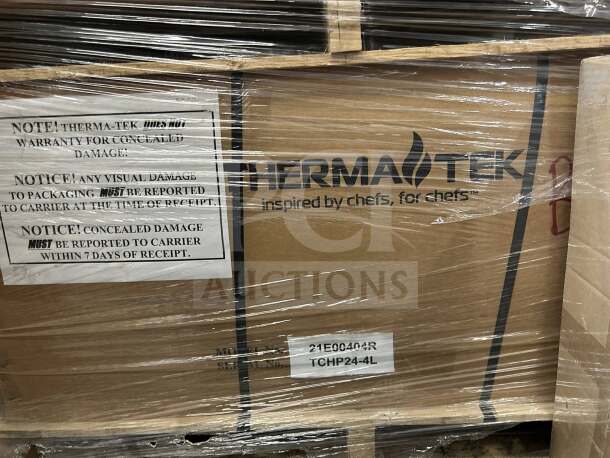Factory-sealed Therma-Tek TCHP24-4L countertop gas hot plate, 24", 4 burners, new condition, packaging intact.