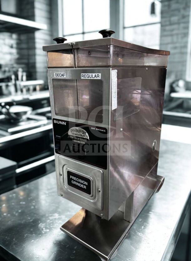 BUNN-O-Matic G9-2 HDS precision coffee grinder, commercial use, stainless steel, labels for decaf and regular, excellent condition.