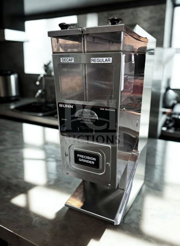 BUNN G9-2 HDS Precision Coffee Grinder, commercial grade, dual hoppers labeled Decaf and Regular, stainless steel, great condition.