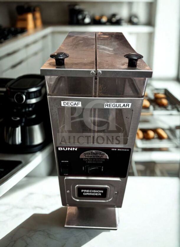 BUNN G9-2 HDS Precision Coffee Grinder, commercial bulk model, labeled "Decaf" and "Regular," in exceptional condition.