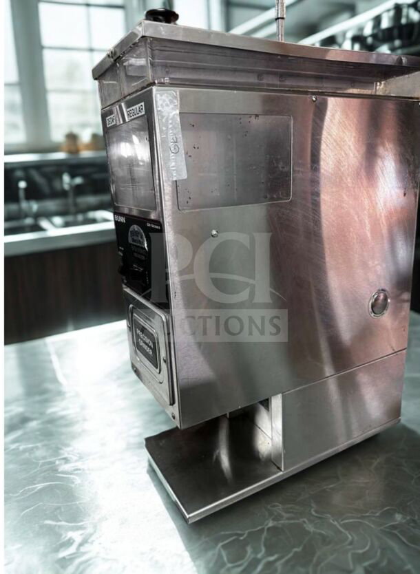 BUNN G9-2 HDS Precision Coffee Grinder in exceptional condition, stainless steel, commercial bulk, 120V, fully operational.