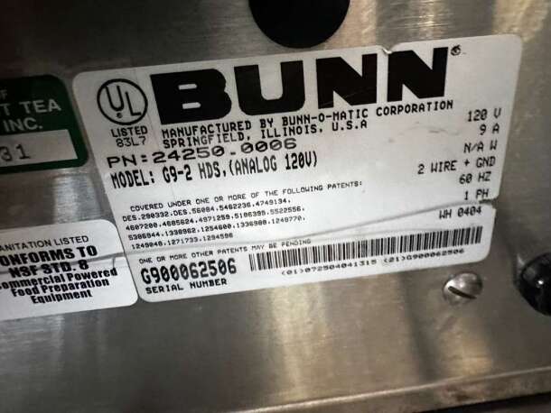 Exceptional BUNN G9-2 HDS Coffee Grinder label; clearly shows model number, voltage (120V), and serial number CG900062506.