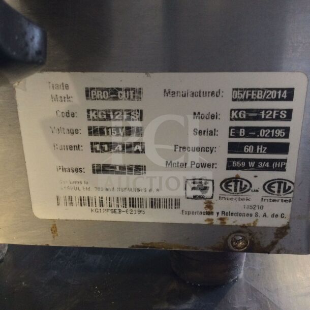 JAC KG-12FS bread slicer tag showing model, 115V voltage, 559W power, and ETL certification. Serial: E-B-02195.