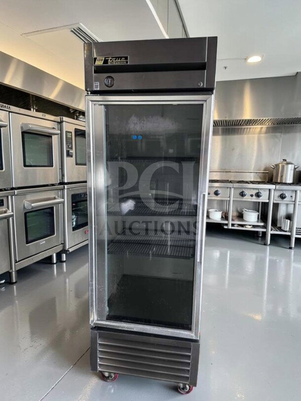 True T-23G-HC~FGD01 commercial refrigerator, 27” glass door, 115V, pristine condition, fully tested, True logo visible.
