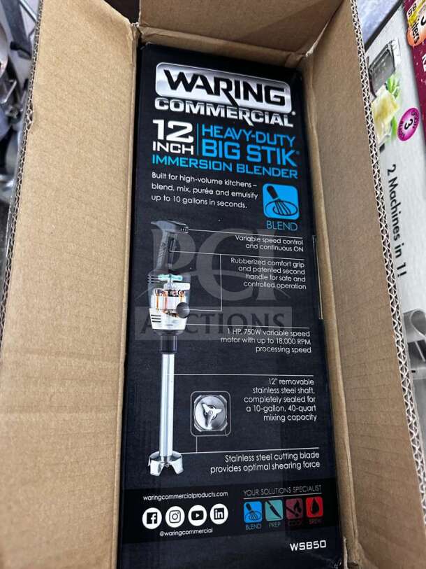 Brand new Waring WSB50 immersion blender in box; 12" heavy-duty, 1 HP motor, stainless steel shaft, fully tested operational.