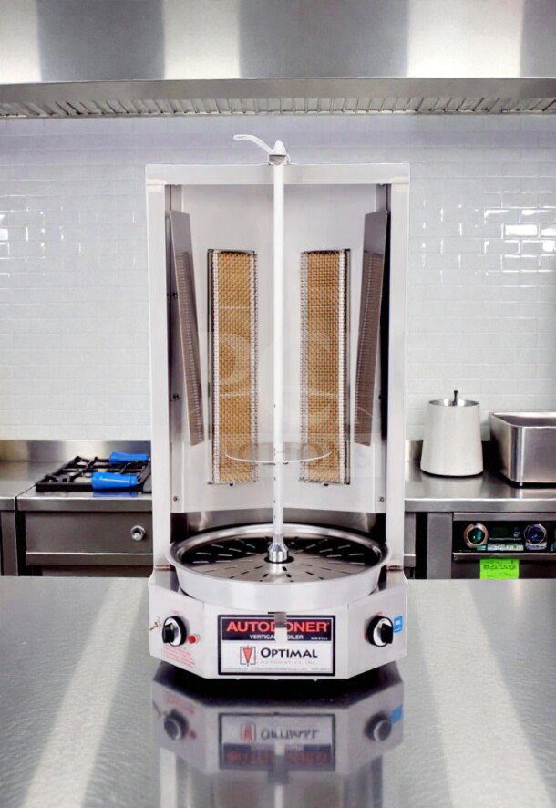 Optimal Automatics 3PG Autodoner, natural gas vertical broiler, 65 lb. capacity, exceptional condition, fully tested.