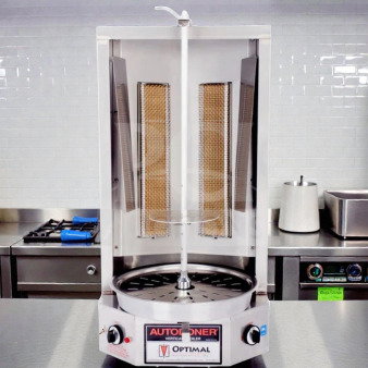 Optimal Automatics 3PG Autodoner, natural gas vertical broiler, 65 lb. capacity, exceptional condition, fully tested.