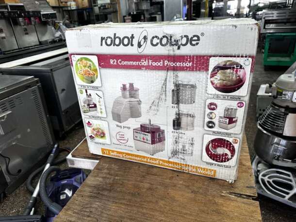 Box of Robot Coupe R2N commercial food processor, 3-liter bowl, prime condition, fully tested, Model ROC-M-FDP-0986.