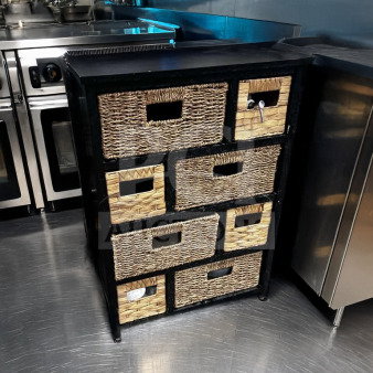 Compact multi-drawer storage cabinet with woven basket drawers in remarkable condition; model STO-S-CAB-0926, fully functional.