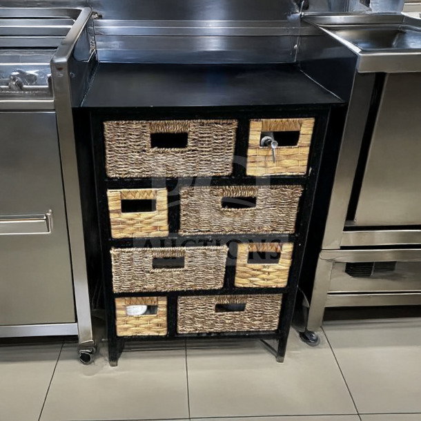 Multi-Drawer Storage Cabinet Organizer with woven basket drawers, black frame, excellent condition, model STO-S-CAB-0926.