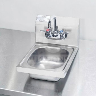 Krowne HS-9L wall mount hand sink, stainless steel, 9 3/4" x 11 3/4" bowl, low lead faucet, NSF certified, pristine condition.