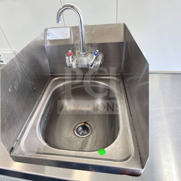 Krowne HS-9L stainless steel wall mount hand sink, pristine condition, 9.75"x11.75" bowl, low lead faucet, NSF certified.