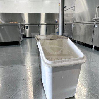 Commercial mobile ingredient storage bin with lid and casters, superior condition, large capacity, model ING-S-BIN-0979.