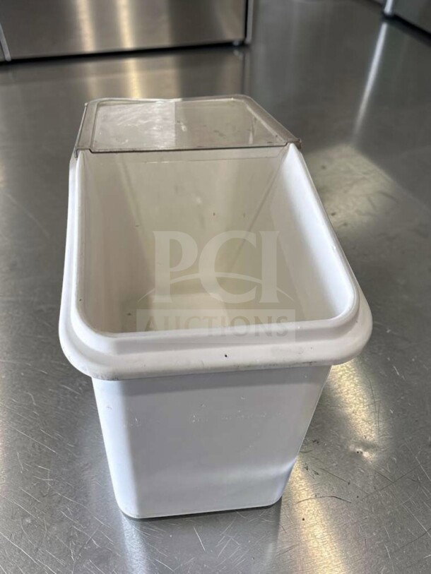 Commercial mobile ingredient storage bin, large capacity, with clear lid and casters. Superior condition, model ING-S-BIN-0979.