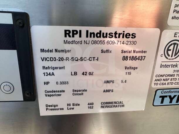 RPI VICD3-20-R-SQ-SC-CT refrigerated display case tag, showing model, serial number 08186437, 115V, and refrigerant 134A.
