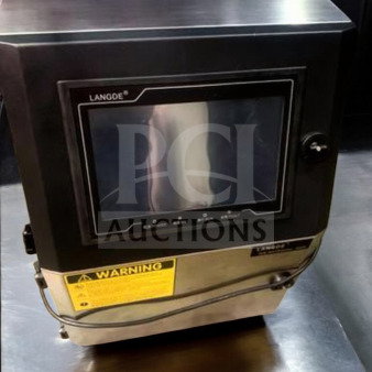 LANGDE Automatic Inkjet Printer, premium condition, batch/date coding, fully tested, LAN-L-CODE-0426, warning label visible.