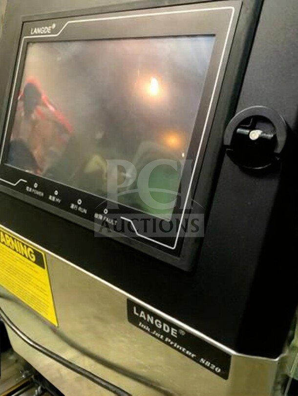 LANGDE Automatic Industrial Inkjet Printer, model LAN-L-CODE-0426, in premium condition, with touchscreen and warning label.