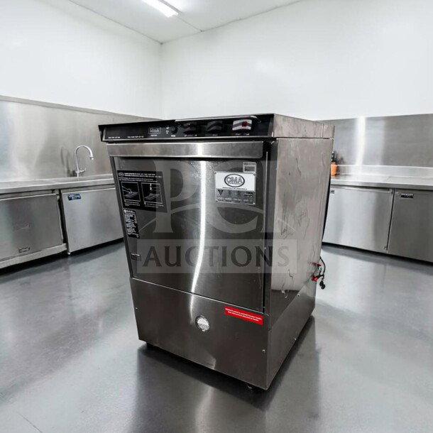 Flawless Perlick PKHT24 glasswasher in stainless steel, 24” wide, labeled, high-temp, 30 racks/hr, fully operational.