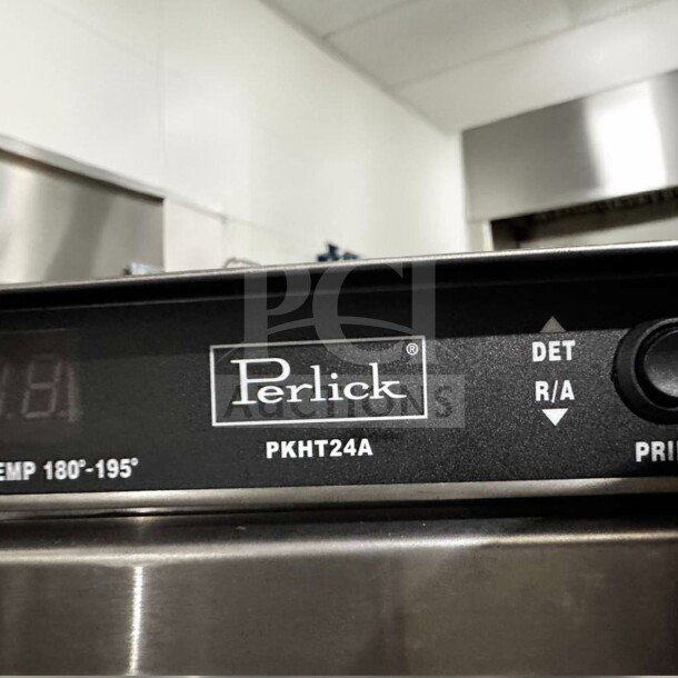 Perlick PKHT24 glasswasher, high-temp, flawless condition, 24" wide, 30 racks/hour, fully tested, model PKHT24A label shown.