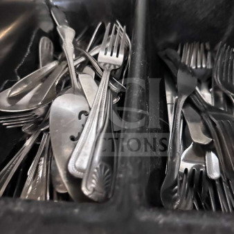 Commercial stainless steel flatware lot, mixed pattern, including forks and spoons in exceptional condition, bulk set.
