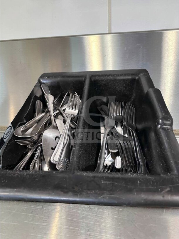 Commercial Restaurant Supply stainless steel flatware lot, mixed pattern forks and spoons, exceptional condition, bulk set.
