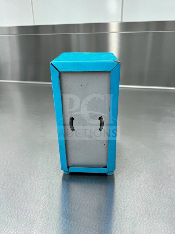 Retro metal tabletop napkin dispenser, blue frame, commercial model NAP-S-DSP-0674, remarkable condition, set of 6.